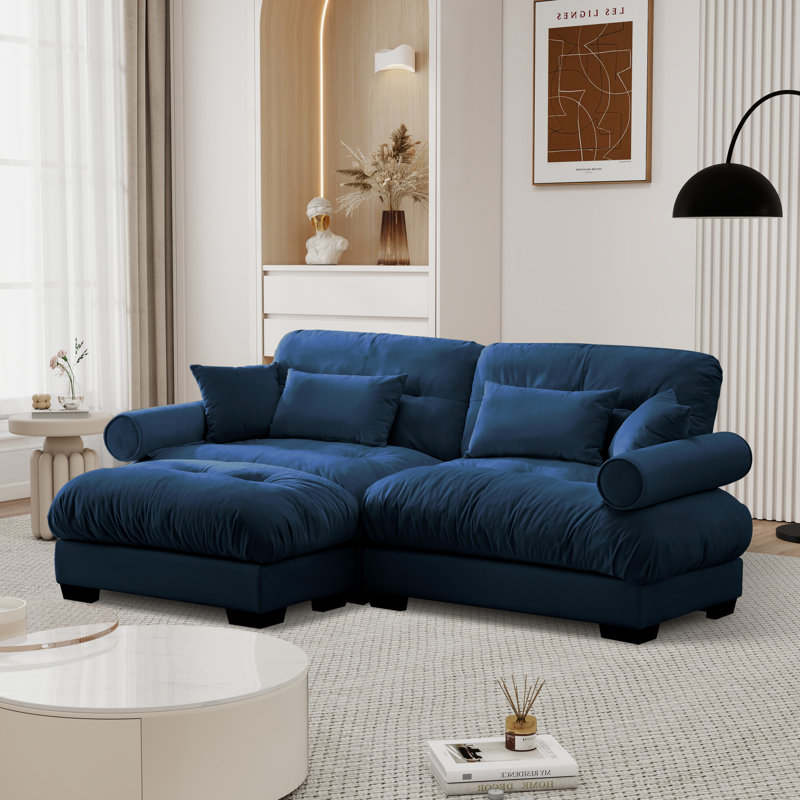 Over Size Modern Upholstered Sofa With Ottoman, Blue Velvet