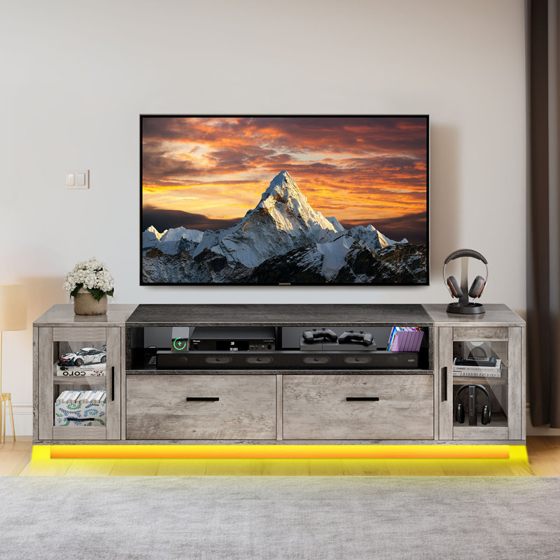 Charen LED Farmhouse Modern Entertainment Center TV Stand W Power Outlets, Glass Doors, Storage Drawers, White/Walnut
