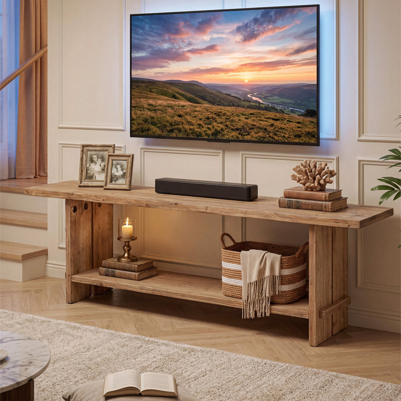 Solid Wood TV Stand for TVs up to 75", Farmhouse Entertainment Center with Storage Shelf, Natural Wood