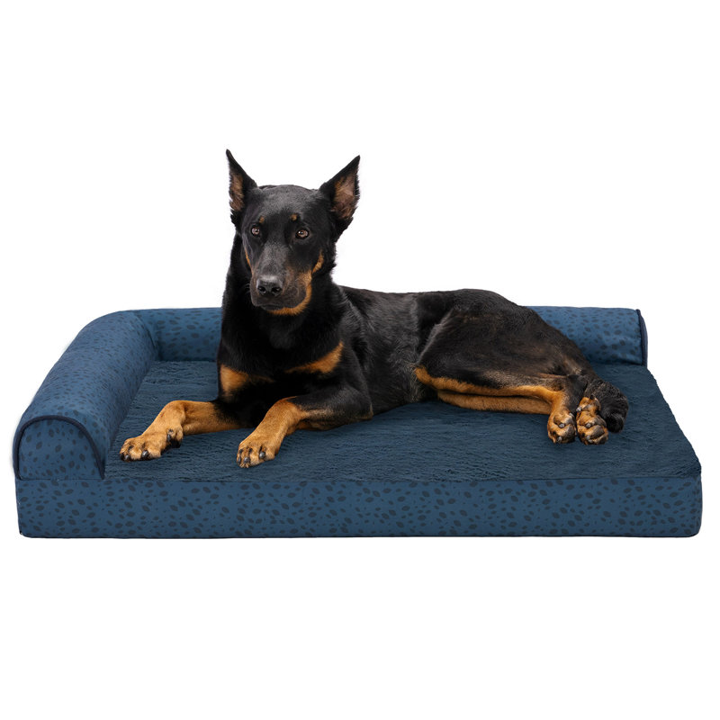 Plush Fur & Almond Print Deluxe L-Chaise Sofa Pet Bed, Blue, Large (32" W x 40" D x 8" H), Extra Large (71 - 90 lbs)