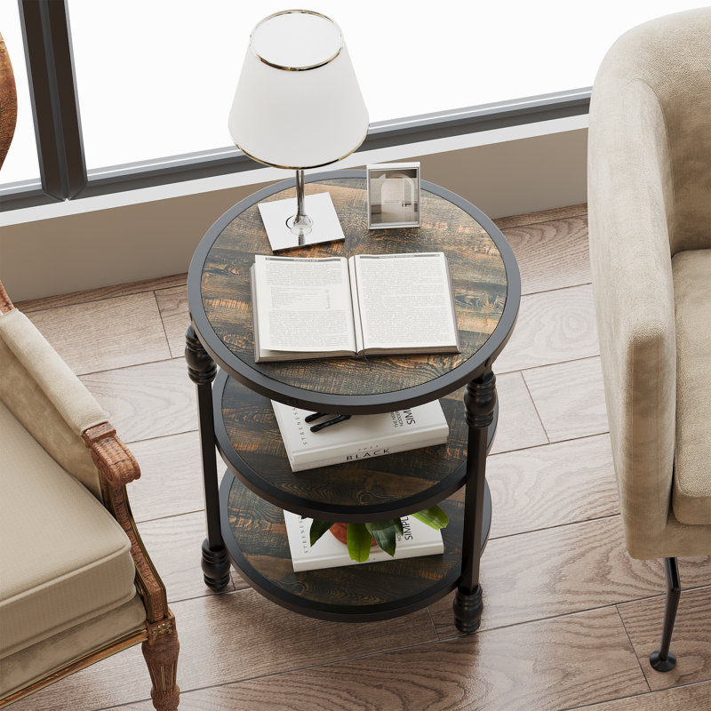 Table de bout ronde à 3 niveaux avec tablettes de rangement - Petite table d'appoint - Structure en métal, peu encombrante - parfaite pour le salon, la chambre à coucher, la table de chevet, la table basse - Chêne foncé