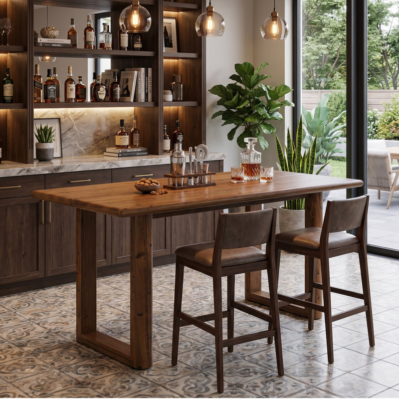 Farmhouse 63" Solid Wood Bar Table, Rectangular Counter Height Table with Open U-Shape Legs