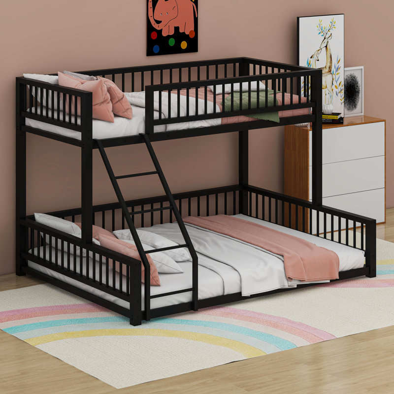 Metal Twin XL Over Queen Bunk Bed With With Ladder And Safety Guardrails, Black