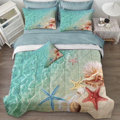 Ocean Beach Comforter Set Full Size 8 Pieces Bed in a Bag Coastal Style Bedding with 1 Comforter, 4 Pillowcase, 1 Flat Sheet, 1 Fitted Sheet, 1 Cushion Cover