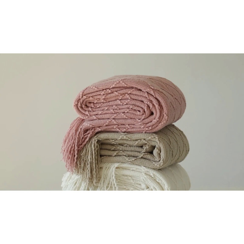 Cream Knitted Zigzag Pattern Throw Blanket with Fringe Edges