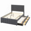 Lit plateforme double tapissier avec lit gigogne simple et 3 tiroirs, tissu en lin, gris
