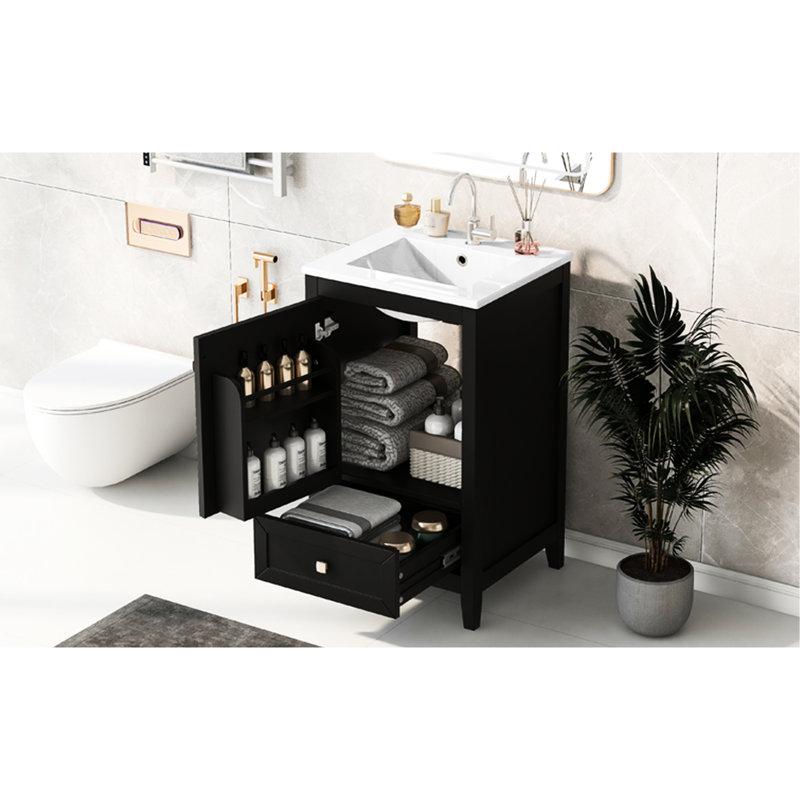 Armoire de salle de bain 20 "- peint en noir, lavabo en céramique, lavabo platine avec lavabo, rangement, tiroir, planche