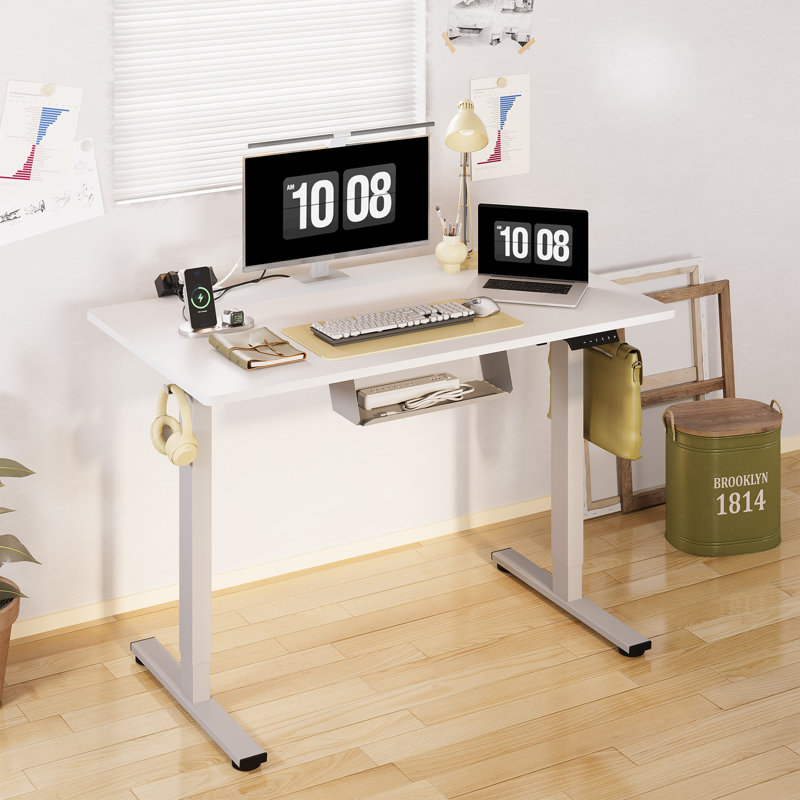 Adjustable Standing Desk, Whole-Piece Desktop, 48" W x 30" D, White/Gray