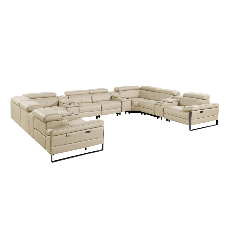 Top Grain Italian Leather 12-Piece U-Shaped Modular Power Reclining Sectional With 4 Power Recliners & Power Headrests