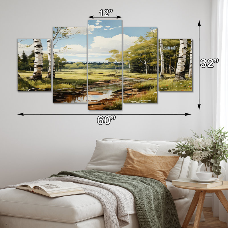 Birch Tree Whispers Landscape II - Décoration murale bouleau - 5 panneaux