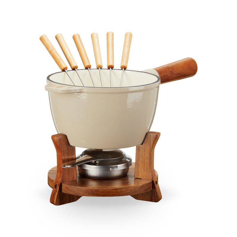 Ensemble à fondue en bois et fonte beige