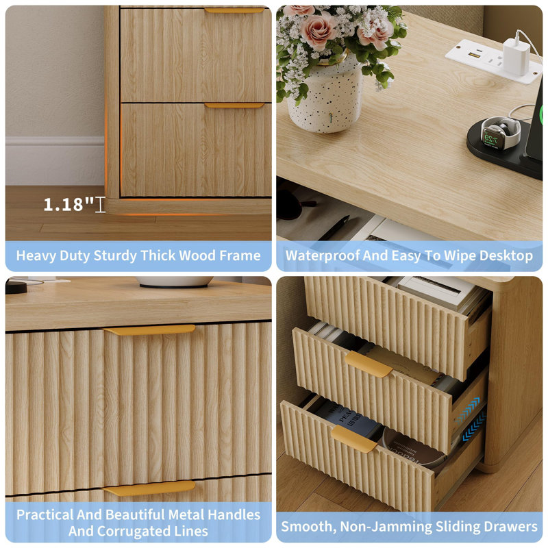 Bedside Table Nightstand with Bedside Storage, Bedroom Side Table and Organizer, Functional and Fluted Nightstand, 2