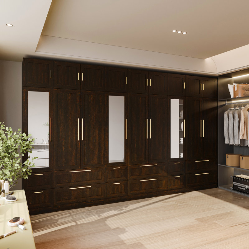 Spacious Three-Piece Closet System With Mirror, Drawers & Gold Handles, Espresso Wood