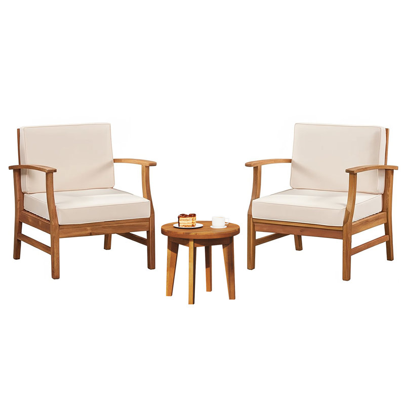 Gustau Outdoor 3-Piece Acacia Wood Conversation Set With Slatted Design & Cushions, Cream, Teak