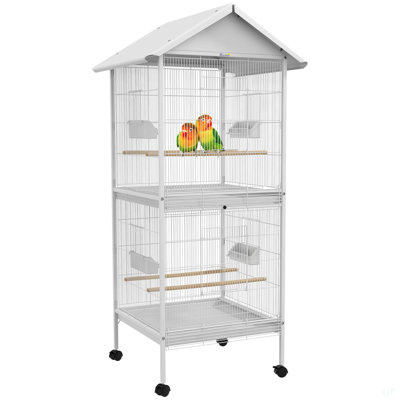 Pawhut Wrought Metal Bird Cage Feeder With Rolling Stand Perches Food Containers Doors Wheels 67" H, White