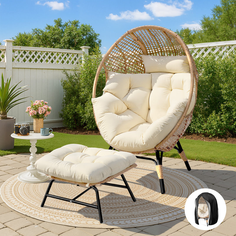 Indoor/Outdoor Wicker Egg Chair with Ottoman and Cushions, Beige