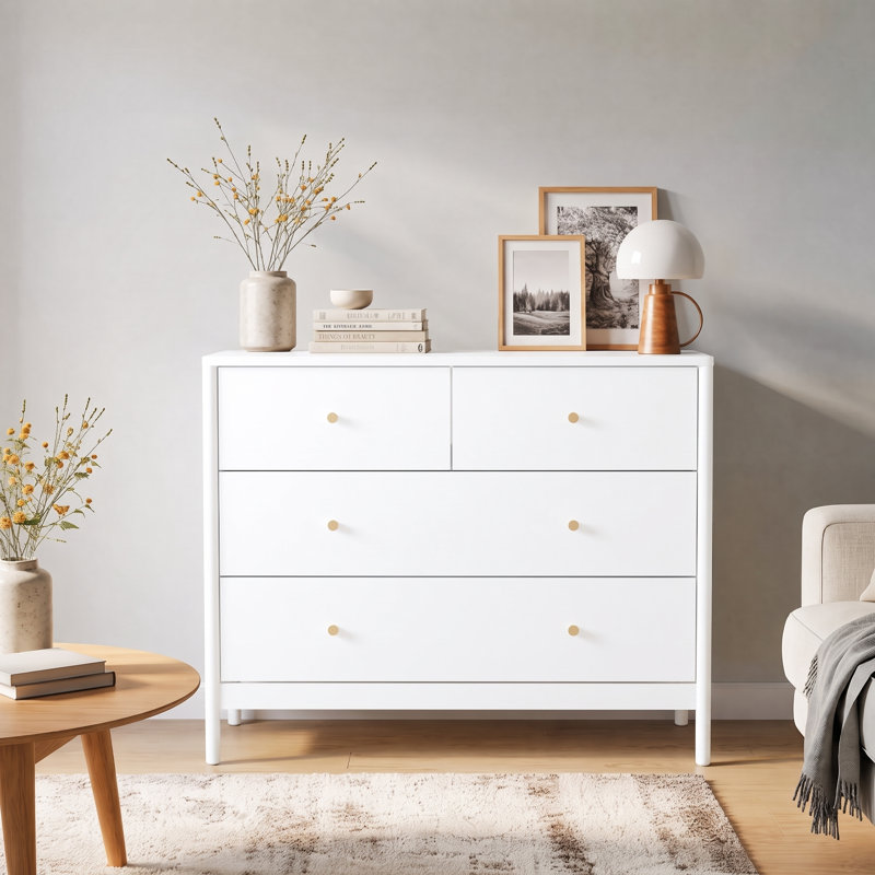 Commode 4 tiroirs pour la chambre à coucher, commode large avec boutons ronds en métal, commode de rangement moderne en bois, armoire de rangement de chambre à coucher pour placard de salon