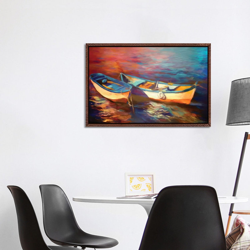 Canoes At Dusk by Angel Estevez - Print on Canvas, 66.04cm H x 101.6cm W x 3.81cm D, Classic Brown Wood Framed