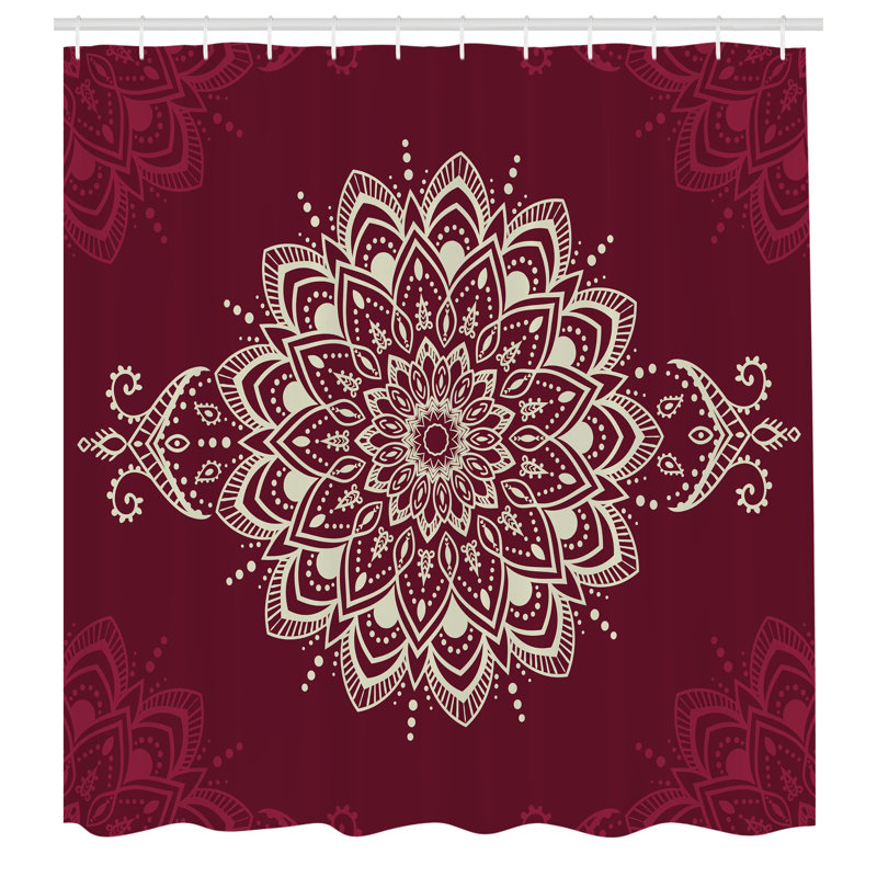 Maroon and White Floral Fabric Shower Curtain with Hooks