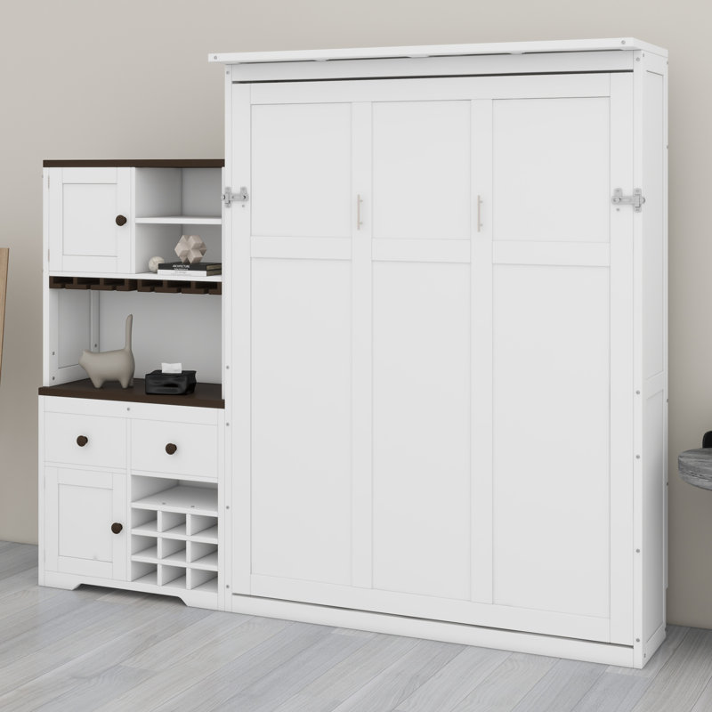 Lit escamotable avec armoire de rangement, support à vin, porte-verre, tiroirs et bande à DEL multicolore, Blanc