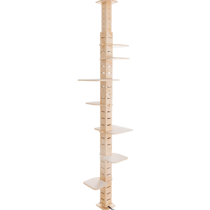 Adjustable Height Floor-Ceiling Cat Climbing Tower. Multi-Level . Constructed With Pine Multi-Layer Board. Flannel Mat On Perching Shelves. Vertical Design Saves Space. Easy To Assemble Without