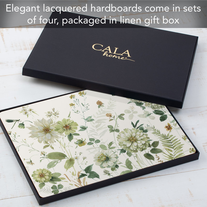 Green Floral Hardboard Cork Back Rectangular Placemats, Set of 4