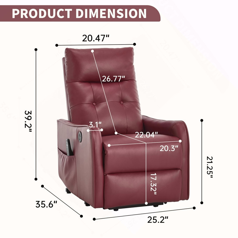 Fauteuil inclinable électrique à moteur simple vin rouge PU avec massage et chaleur pour personnes âgées, mécanisme de mouvement robuste et un port USB pour la charge, angle d'inclinaison maximal de 155 °