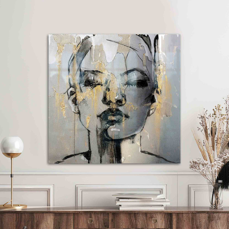 Portrait abstrait de femme imprimé sur verre trempé pour décoration murale tendance, H 19,7 po x l 19,7 po