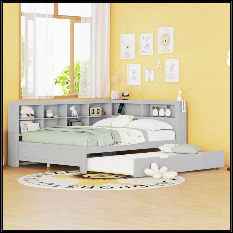 Wooden Daybed With Twin Size Trundle, Gray, Full