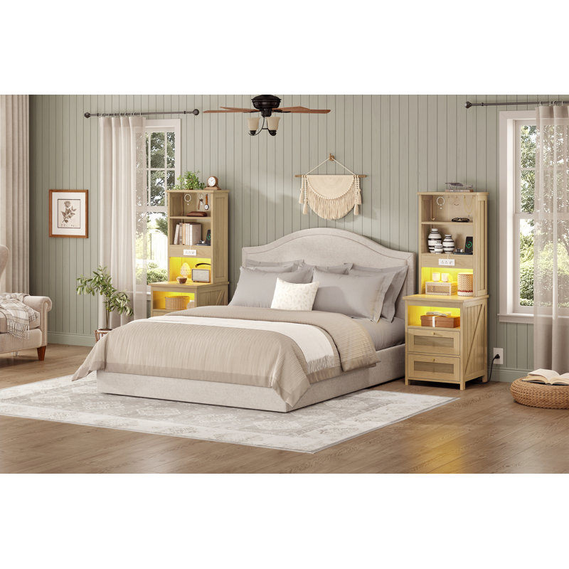 2 Drawers Farmhouse Tall Nightstand with Charging Station and Bookshelf, Wood, 1