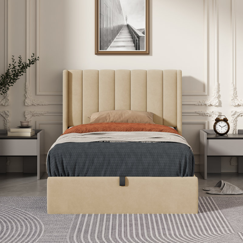 Daizia Lift Up Storage Platform Bed with Wingback Headboard, Twin, Pale Gold