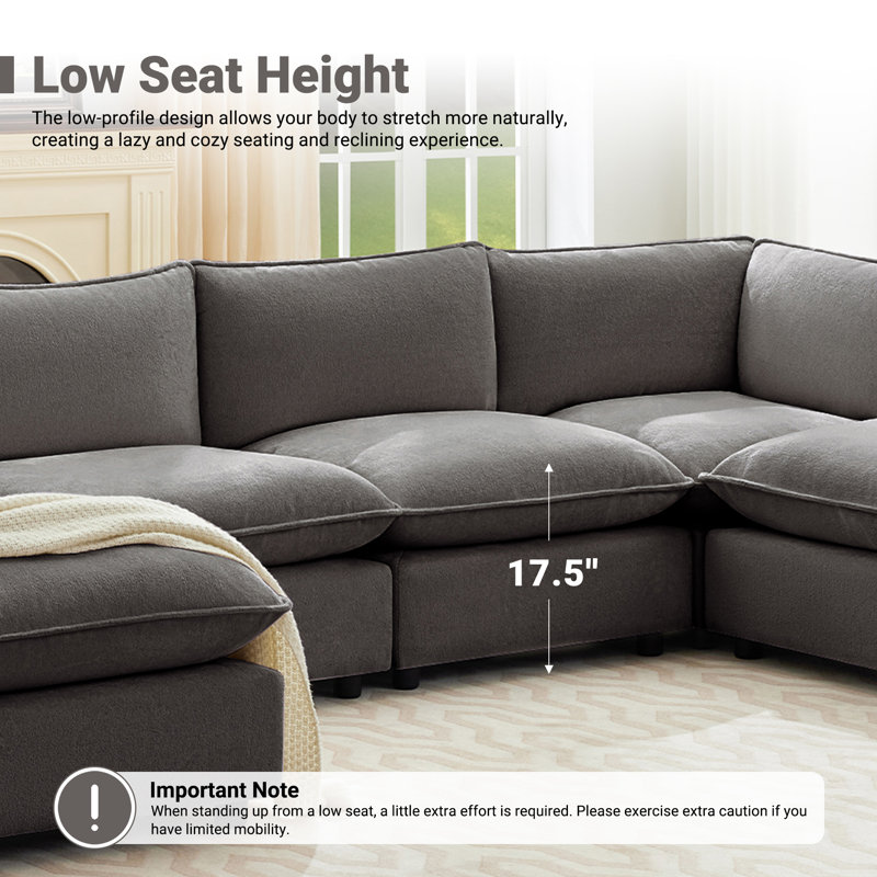 Canapé modulaire rembourré 5 pièces en L avec assise profonde 5 pièces, Chenille grise foncée
