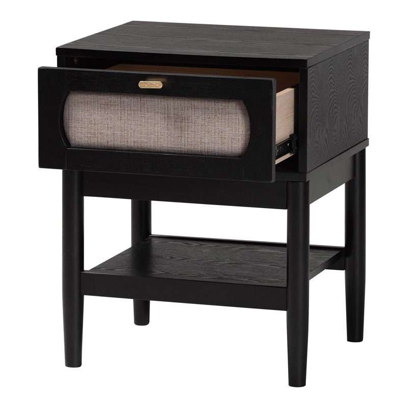 Euradell Baxton Studio Shirin Mid-Century Beige Fabric And Black Wood 1-Drawer Nightstand