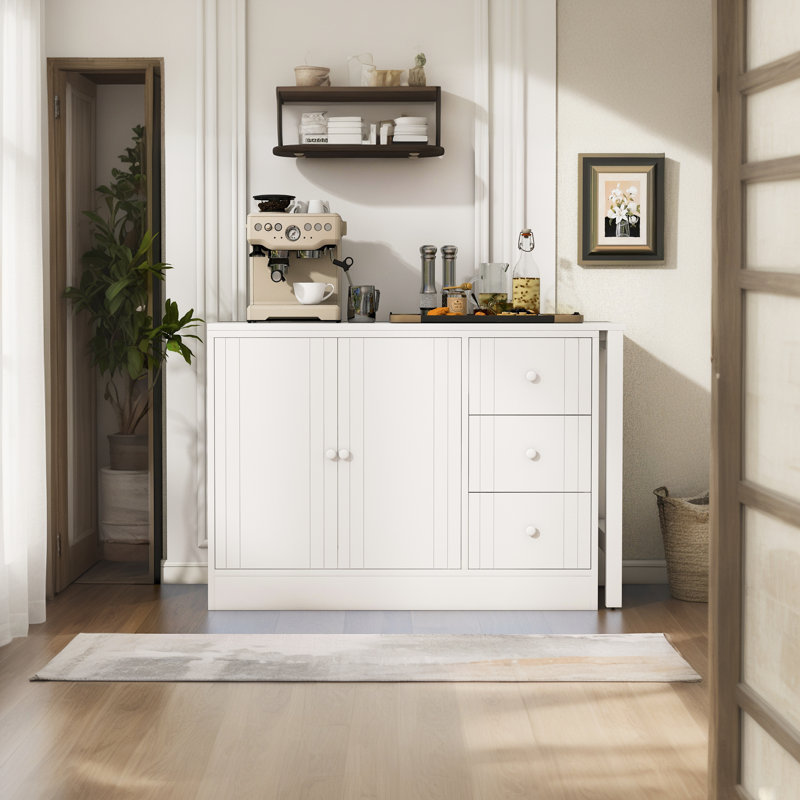 Farmhouse Kitchen Islands With Extendable Dining Table, Convert To Be Storage Buffet Cabinet, White, White