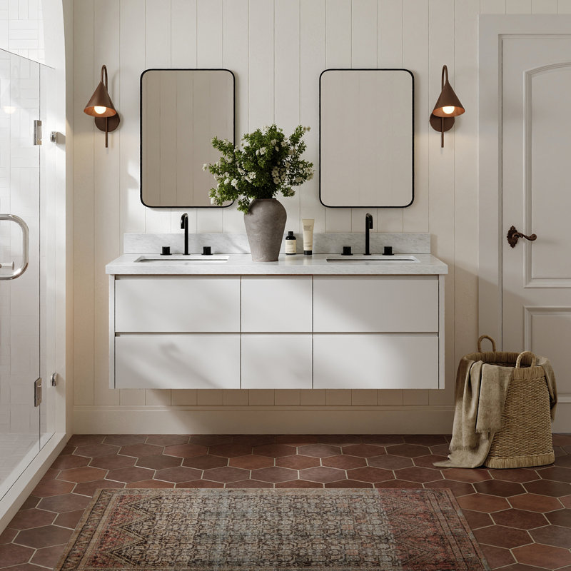   Ensemble de meuble-lavabo mural rectangulaire rectangulaire de 61 po avec ensemble de comptoir en marbre blanc de Carrare de 61 po Ensuko