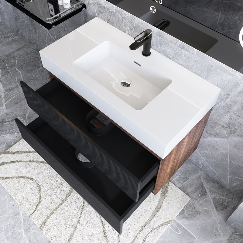 Meuble-lavabo mural moderne avec lavabo à surface solide et tiroirs, Blanc, 36"