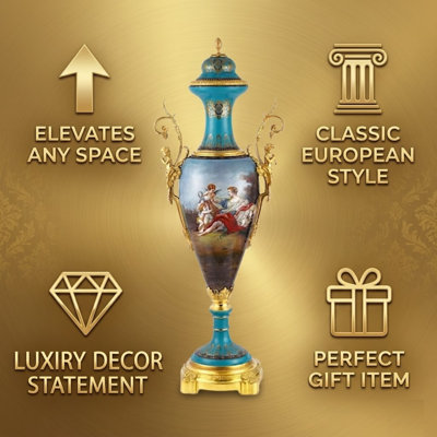 Teal Porcelain & Bronze Rococo Cherub Lidded Jar, 53" Tall Floor Statement Urn — Grand Vintage-Style Centerpiece for Entryway, Living Room & Dining Room