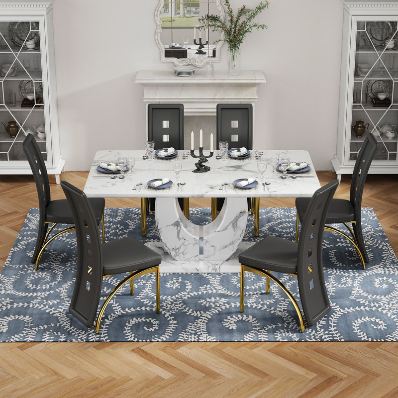 Ensemble de table de salle à manger avec chaises rembourrées en similicuir, 7 pièces: table, 6 chaises, Noir et or