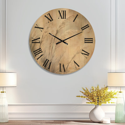 Plumes de roseaux balayées par le vent - Horloge murale ronde minimaliste, impression sur bois