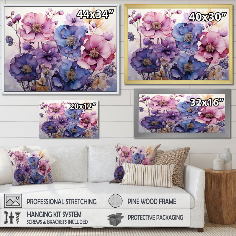 Mauve et fleurs mystiques IV - art botanique abstrait, Cadre flottant doré, H 30 po x l 40 po x P 1,5 po