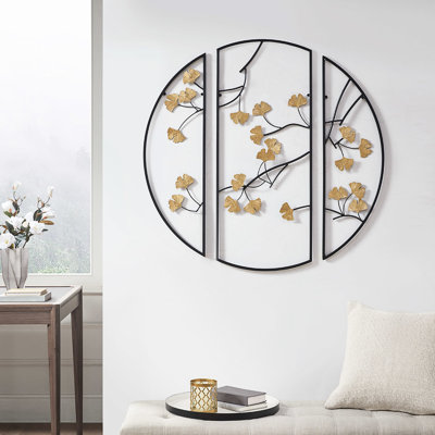 3 Metal Wall Art With Alluring Gold Ginkgo Leaves In Black Composition Enchanting Frame