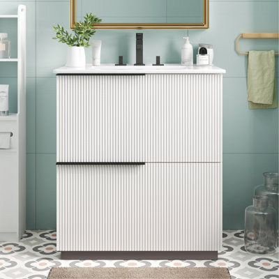 30" Bathroom Vanity With Ceramic Sink And Full-Extension Drawers, Soft Close Undermount Drawer Slides, Fluted Design, White