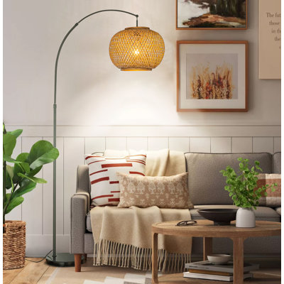 Arneshia 75" 1-Light Arc Floor Lamp with Hand-woven Bamboo Shade and Marble Base