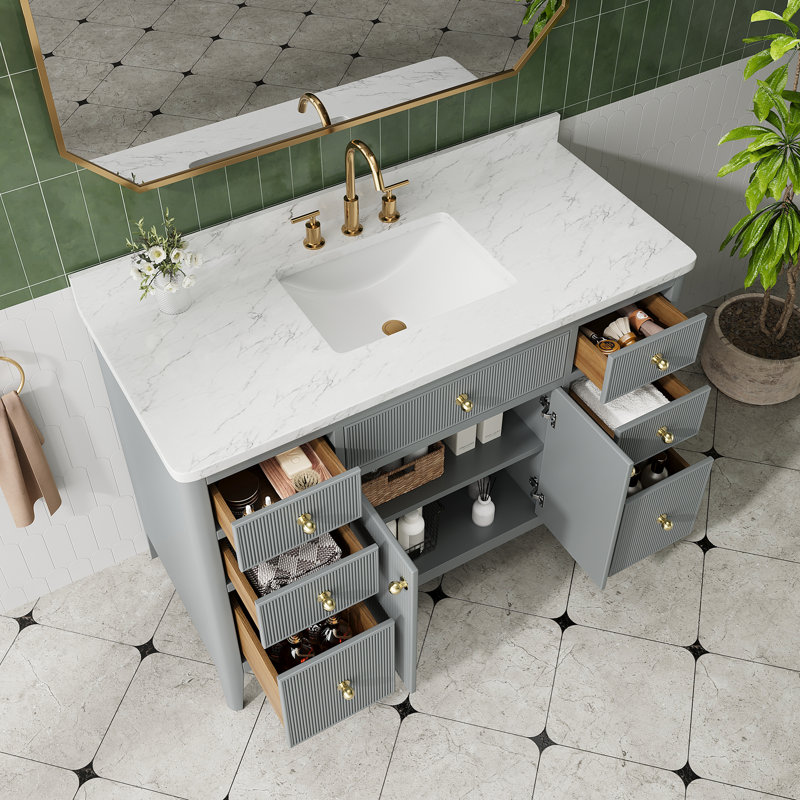 48'' Freestanding Single Sink Bathroom Vanity With Fluted Front, Soft-Close Drawers, Solid Wood Construction & Engineered Marble Top – Fully Assembled