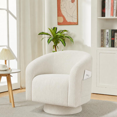 Fauteuil pivotant moderne, fauteuil tonneau rembourré à 360° - Dossier arrondi et accoudoirs incurvés - Base en bois d'ingénierie pour salon/chambre