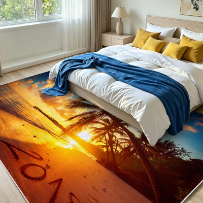 Tapis d'intérieur bleu lavable à la machine, motif plage et inscription « Bonne année 2018 ».