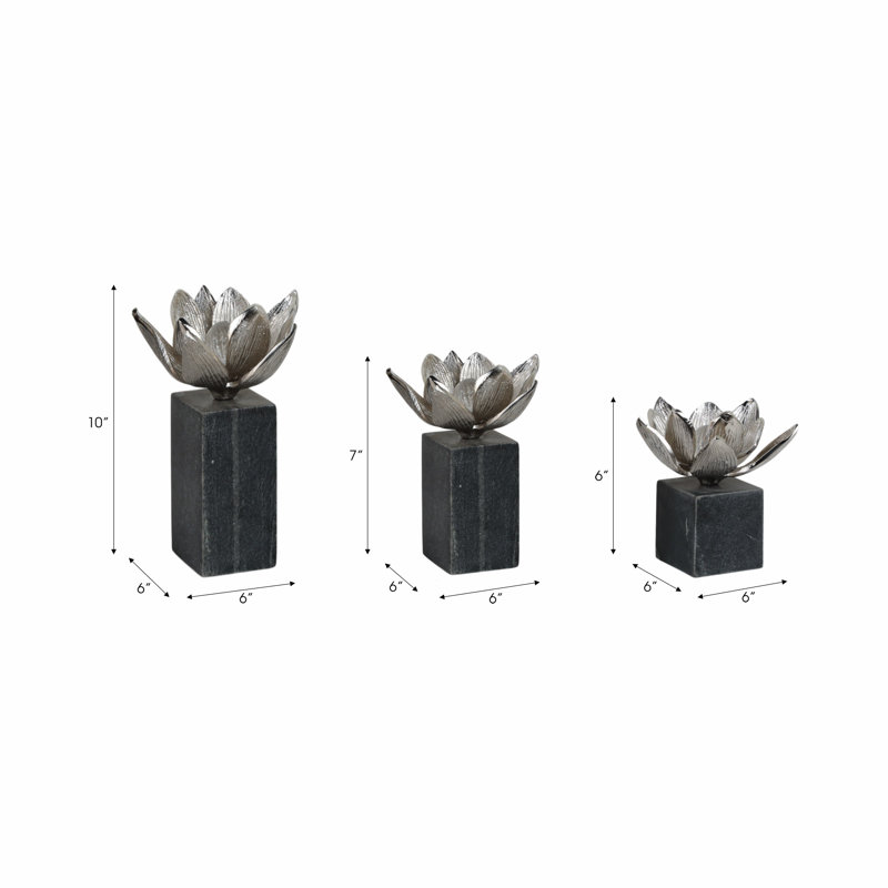 Sagebrook Home 3-Pieces Darby Flower Statuary With Marb, Black/Silver