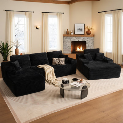 3-piece No-assembly Living Room Set, Plush Modern Sectional Sofa With Loveseat And Chaise Lounge