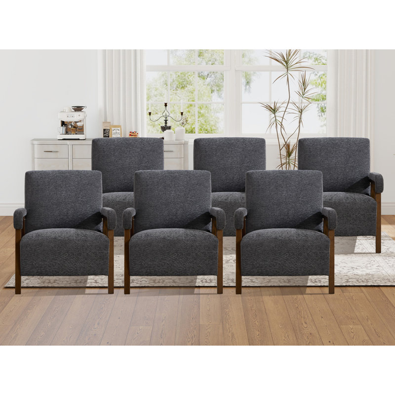 Fauteuil d'appoint rembourré en tissu de 28,35 po de largeur avec pieds en bois massif (ensemble de 6), Gris, 6