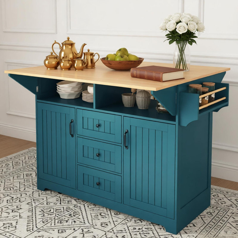Grand îlot de cuisine 55,7 po avec 2 abattants, chariot de cuisine roulant sur 5 roulettes avec prise de courant, table de salle à manger pliante avec porte-épices et porte-serviettes, 3 tiroirs, pour la cuisine, la salle à manger, vert